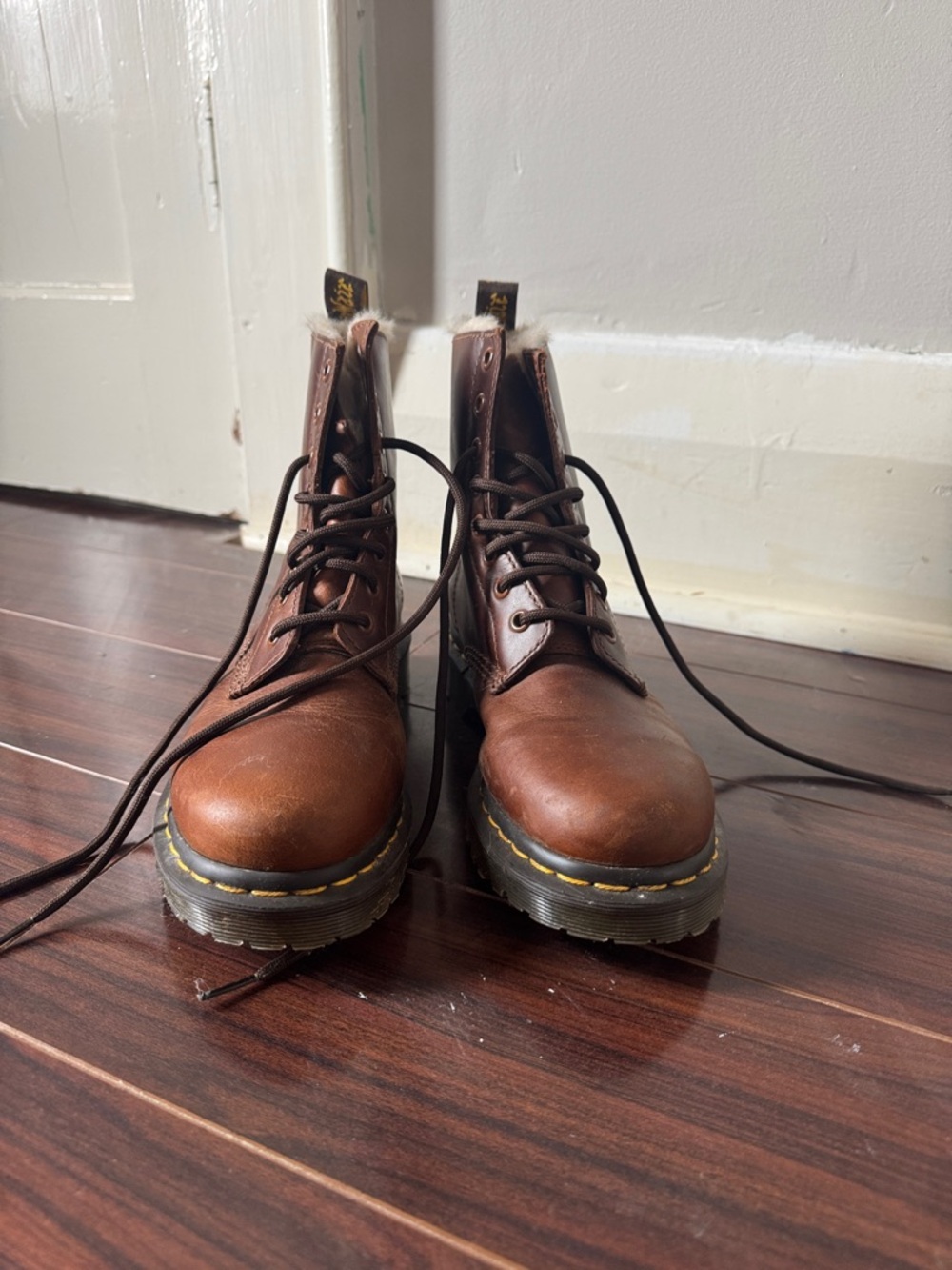 Dr. Martens Brown Leather 8-Eye Lace-Up Combat Boots with Yellow Stitching - Picture 2 of 5